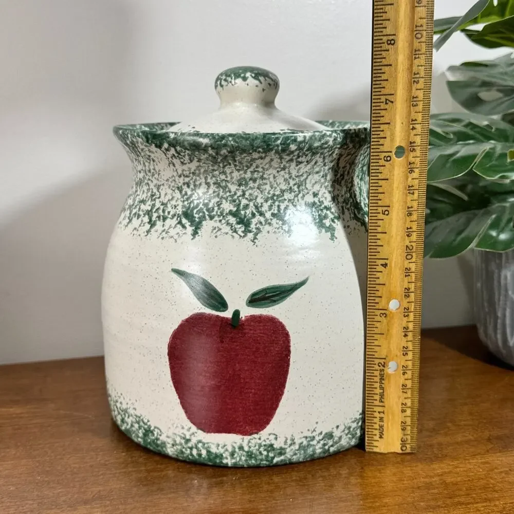 Vintage 80s Apple Cookie Jar Canister Large Size Green Spongeware Ceramic Signed